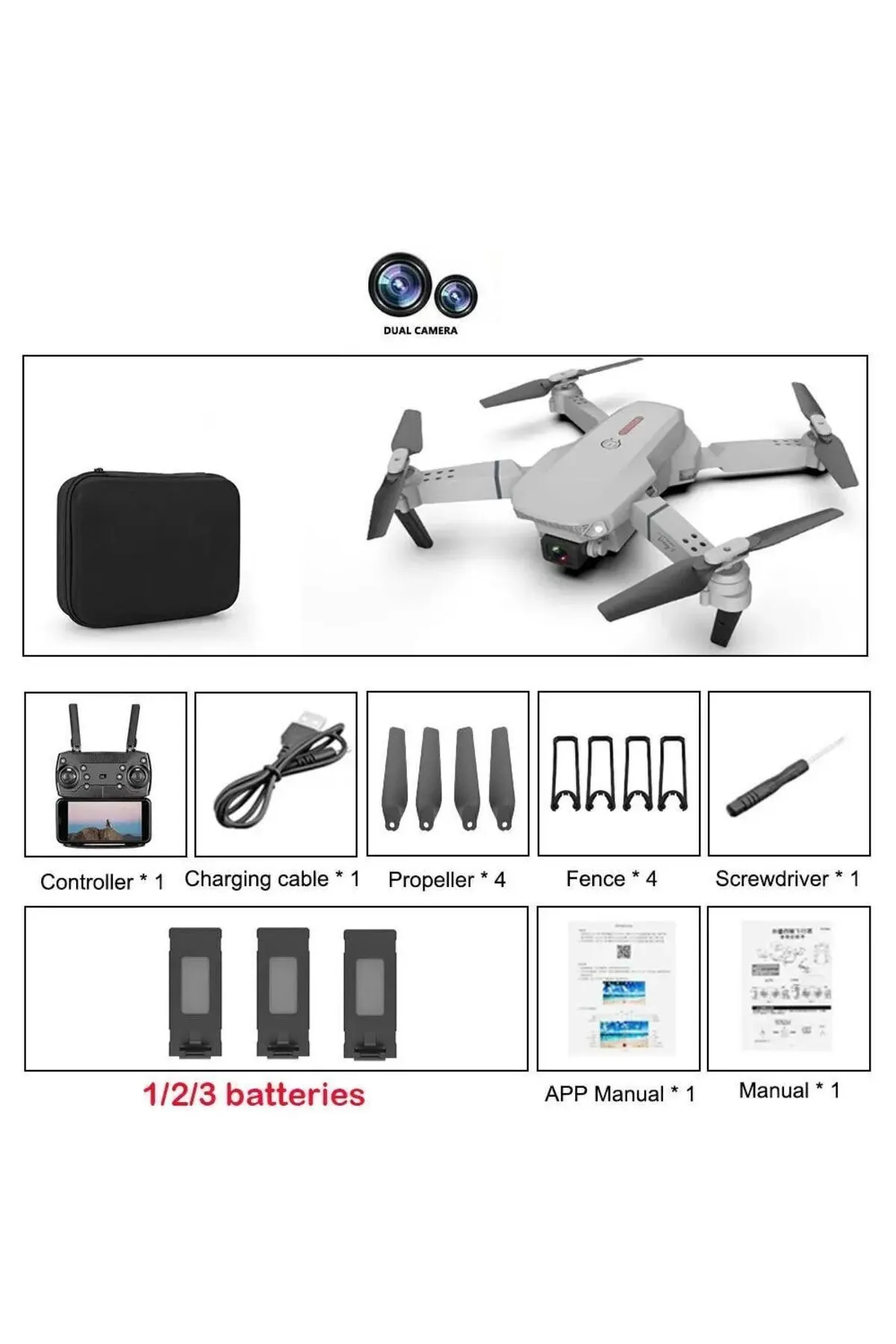 Bilişim Burada E88 DRONE 4K HD ÇİFT KAMERALI DRONE APP KONTROL WİFİ Lİ KATLANABİLİR QUATCOPTER X3 BATARYA